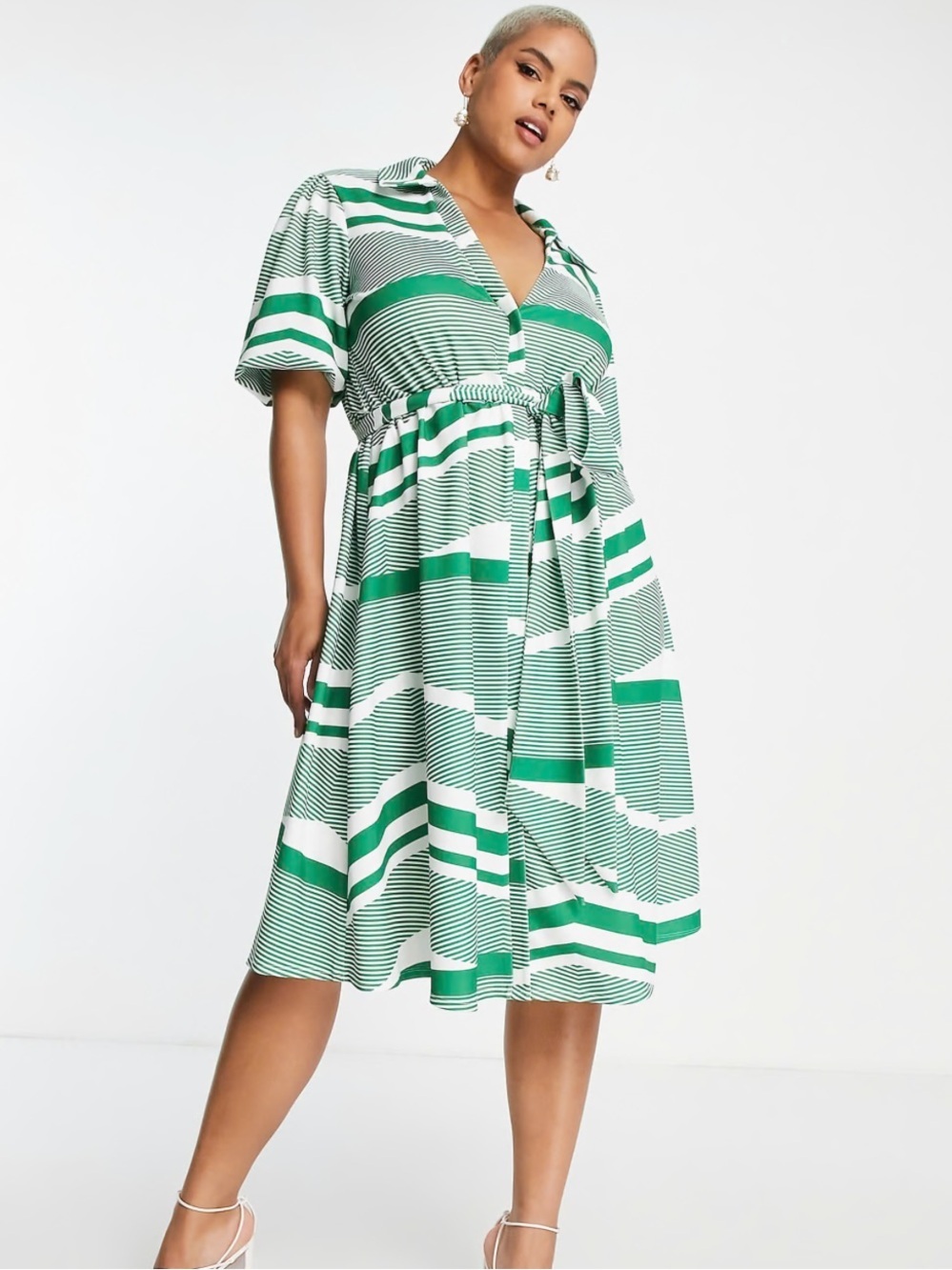 ASOS DESIGN Curve belted midi shirt dress in green chevron stripe size 12